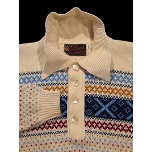 Vintage Jersild Fair Isle Knit Sweater L Tall Nordic Orlon Polo Pullover 60s/70s
